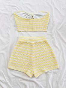 2 piezas Conjunto de top corto a rayas y shorts de cintura alta para mujer, adecuado para vacaciones, citas, té de la tarde, playa, crucero, viaje a la ciudad, festival de música, estilo bohemio de playa - Amarillo - Ver 2