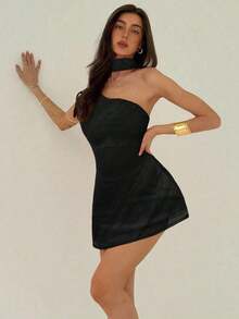 Vestido mini de moda de unicolor sin mangas para mujer - Negro - Ver 6