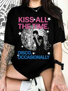H-HarryS S-StylesS Graphic T-Shirt With The Quote 'Kiss All The Time Disco', T-Shirt For Pop Fans - Black - View 6