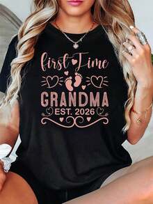 Lightweight And Breathable Women's T-Shirt With A Footprint Print, Featuring A Warm Design, Specially Designed For New Grandmothers, Perfect For Casual Gatherings And Everyday Wear. Ideal For Layering In Spring And Fall Outfits. - 黑色 - 查看 1