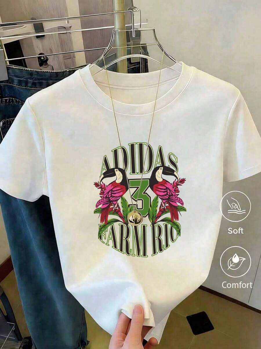 Women's Short-Sleeved Crew Neck T-Shirt With A Print, Made From Pure Cotton. The Classic, Minimalist Crew Neck Is Versatile And Flattering For All Body Types. Perfect For Dates, Commuting, And Casual Outings. - White - View 1