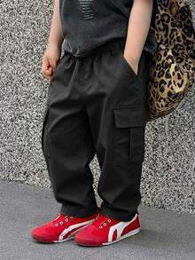 1 pieza Pantalones cargo casuales, minimalistas y versátiles para niños pequeños, cómodos y con estilo urbano - Negro - Ver 7