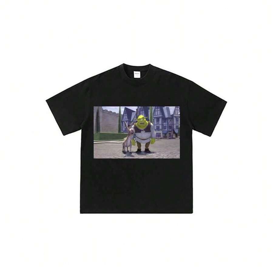 Camiseta unisex con estampado de dibujos animados de la película Shrekss y Burro, estilo urbano y casual de verano. - Negro - Ver 1