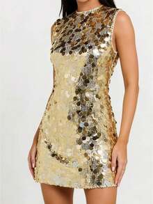 Women Sequins Sleeveless Dress Summer Sparkly Glitter Mini Tank Dress for Party Beach Club Streetwear - Dorado - Ver 1