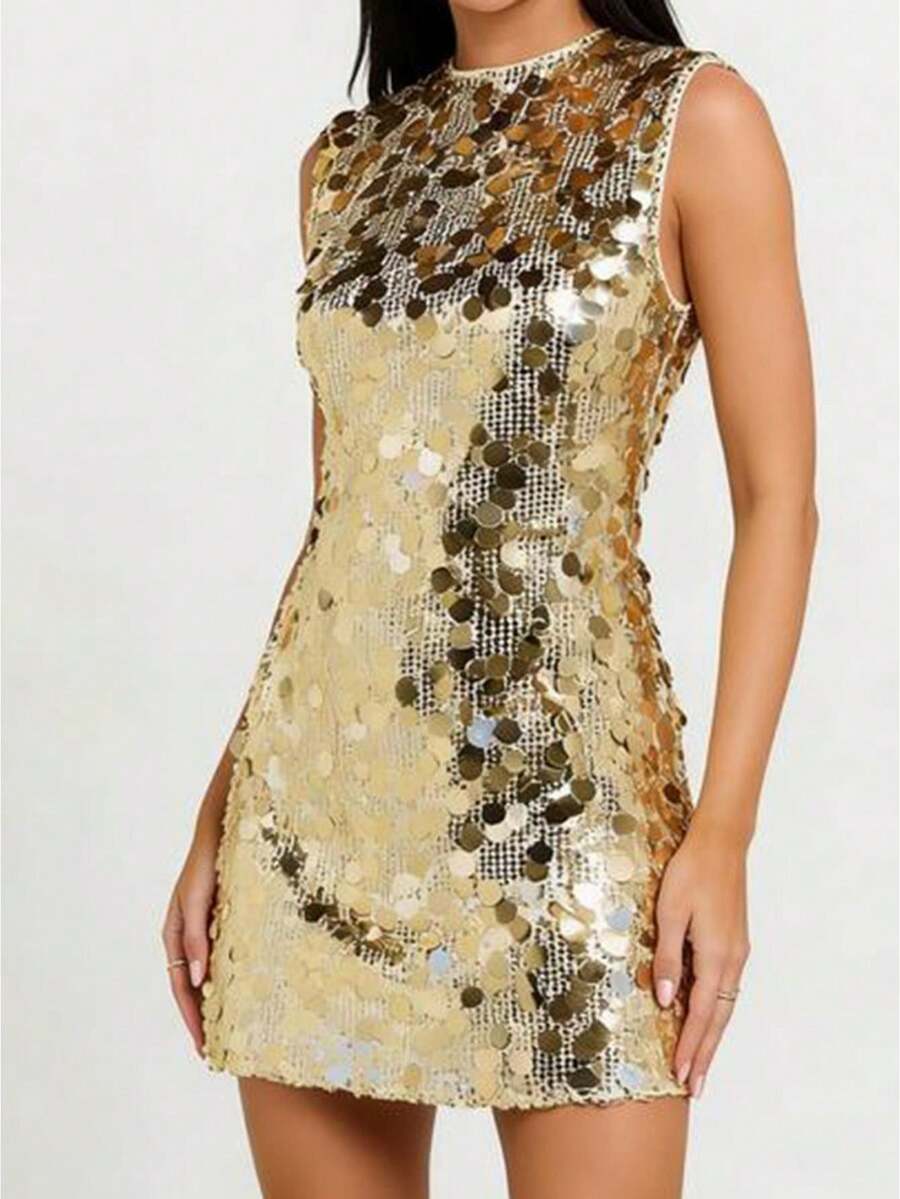 Women Sequins Sleeveless Dress Summer Sparkly Glitter Mini Tank Dress for Party Beach Club Streetwear - Dorado - Ver 1