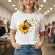Women's Cotton T-Shirt With Sunflower And Butterfly Print, Round Neck, Short Sleeve, Casual Style, Loose Fit, Basic T-Shirt,  Summer Graphic T-Shirt, Soft And Comfortable Casual Wear, Nature-Inspired Design, Suitable For Spring, Summer And Autumn. - 白色 - 查看 7