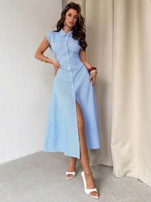 MEXFirerie Vestido midi de línea A con mangas abullonadas a rayas azules y blancas, vestido camisa con cintura anudada, vestido casual con cuello, falda midi a rayas con cintura ceñida, adecuado para primavera, verano, otoño, elegante, commuter, cita, trabajo, vuelta al colegio, día del maestro, ocasiones formales, vestido commuter de negocios, vestido minimalistaMEX ETDZ - Azul y blanco - Ver 6