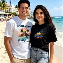 2-Piece Couple Matching Pattern T-Shirt, 100% Cotton, Loose Fit, Soft And Breathable, Casual Round Neck Short Sleeved Top Tropical Island Scene With Palm Trees And Boat Versatile Patterns No Picky Combinations Coordinated Dating Casual Travel Simple And Cartoonish Printing Styles High - 白色 - 查看 1