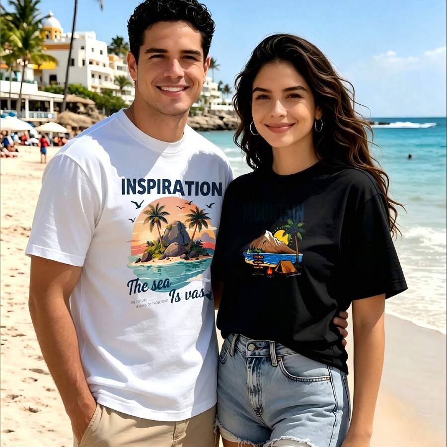 2-Piece Couple Matching Pattern T-Shirt, 100% Cotton, Loose Fit, Soft And Breathable, Casual Round Neck Short Sleeved Top Tropical Island Scene With Palm Trees And Boat Versatile Patterns No Picky Combinations Coordinated Dating Casual Travel Simple And Cartoonish Printing Styles High - 白色 - 查看 1