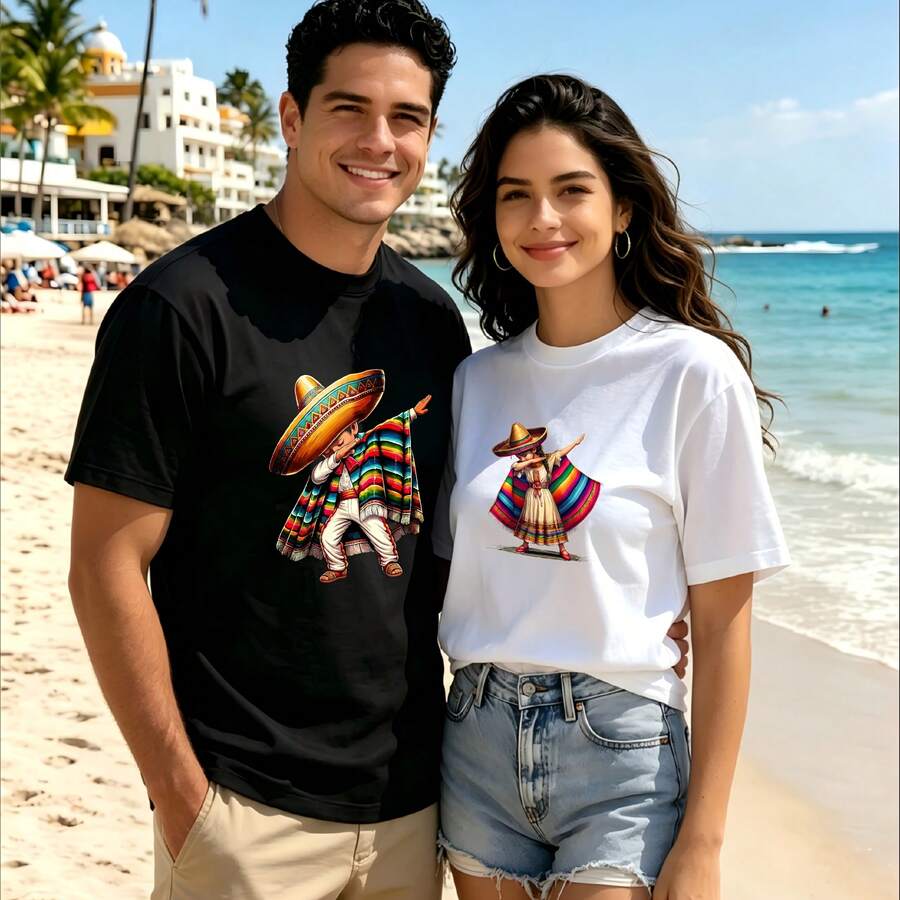 2-Piece Couple Matching Pattern T-Shirt, 100% Cotton, Loose Fit, Soft And Breathable, Casual Round Neck Short Sleeved Top Day Of The Dead Skull And Flowers Versatile Patterns No Picky Combinations Coordinated Dating Casual Travel Simple And Cartoonish Printing Styles High Cost-Effectiveness Couple - 黑色 - 查看 1