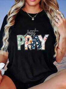 Camiseta de Mujer con Estampado Floral "Just Pray", Top Casual de Verano, Inspiración Religiosa, Manga Corta Holgada, 220g - Negro - Ver 4