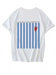 Camiseta de manga corta y cuello redondo con estampado de rayas azules, una blusa blanca versátil y elegante para mujer. - Blanco - Ver 3