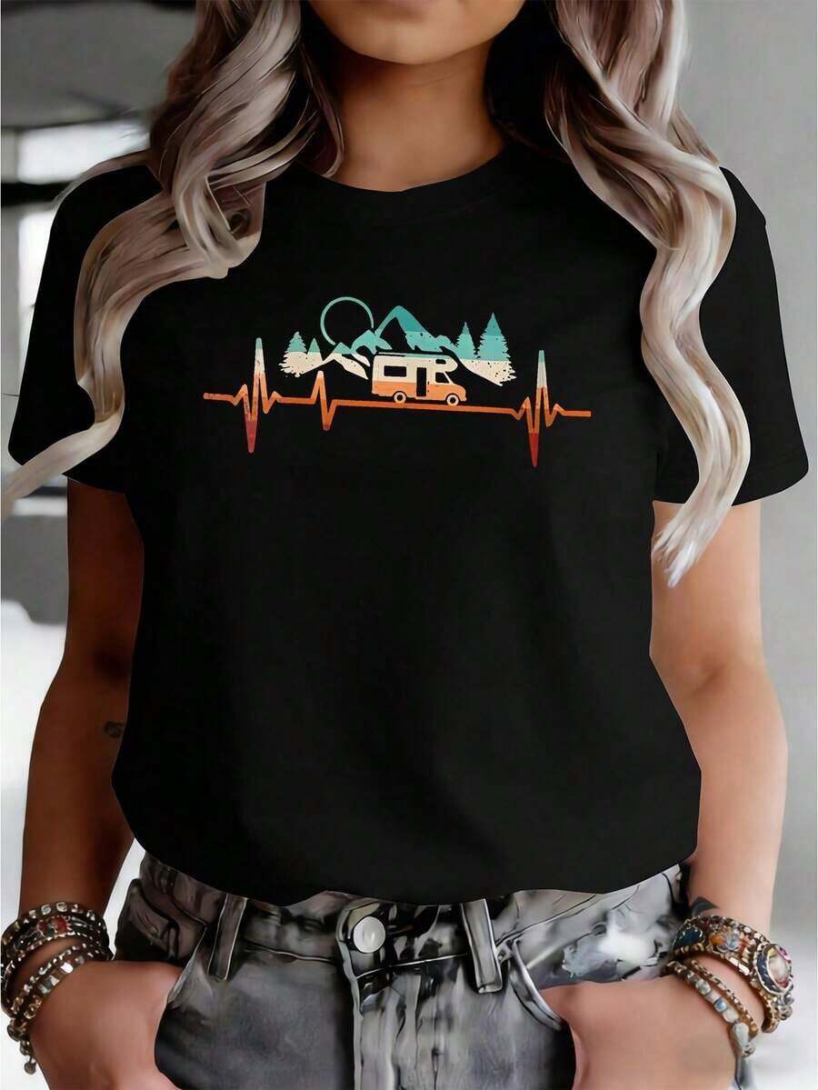 Camiseta estampada con ilustración de viaje en RV estilo EKG, con fondo de montaña y diseño de líneas onduladas coloridas. Ropa casual de verano para mujer, de manga corta y cuello redondo, con un diseño moderno que resalta el encanto individual. Conjuntos de Verano 2026 para Mujer, Ropa Urbana para Mujer, Ropa Caprichosa Adecuada para primavera, verano y otoño - Negro - Ver 1