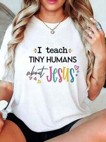 New Women's Pure Cotton T-Shirt, Summer 2026, Soft Cotton T-Shirt For Women, Local Shipping - Elegant Pure Cotton Casual Clothing For Women, 100% Retro Cotton, Christian Teacher T-Shirt 'I Teach Tiny Humans About Jesus', Versatile Casual Printed Top, Suitable For Spring, Summer And Autumn - 白色 - 查看 6