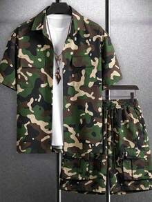 Men's Camo 2 Pieces Set: Short Sleeve Collared Shirt And Cargo Shorts - Army Green - View 4