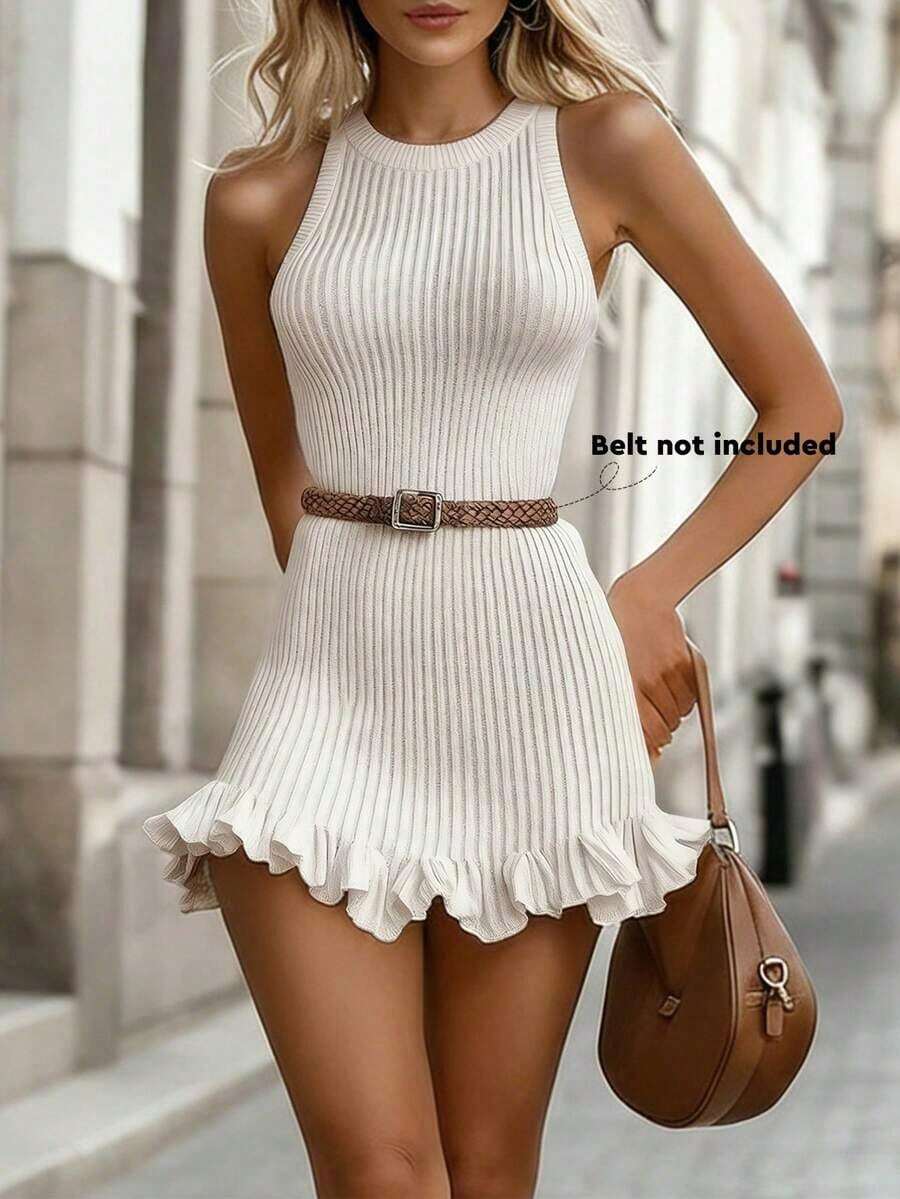 Women's Fitted Sleeveless Sweater Dress With Ruffled Hem - Beis - View 1
