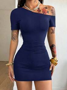 Vestido corto de manga corta asimétrico, de cuello básico, de uso diario, casual, elástico y minimalista estilo Y2K para mujer, apto para todas las estaciones - Azul - Ver 2