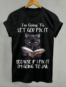 Soft Plus Size Women's T-Shirt, Fun Casual Short Sleeve Round Neck T-Shirt With Black Cat Faith Print, Humorous Quote Pattern T-Shirt, Stylish Blouses For Women. - 黑色 - 查看 1