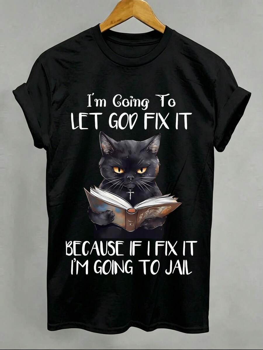 Soft Plus Size Women's T-Shirt, Fun Casual Short Sleeve Round Neck T-Shirt With Black Cat Faith Print, Humorous Quote Pattern T-Shirt, Stylish Blouses For Women. - 黑色 - 查看 1