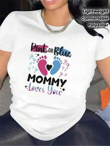 Camiseta de poliéster de manga corta para maternidad, diseño Loves You en rosa o azul, para usar en casa, tela duradera y cómoda, perfecta para usar en la sala de estar, blusa elegante y ligera para atuendos casuales. - Blanco - Ver 7