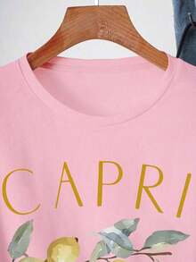 Women's Crew Neck T-Shirt With Lemon Graphic Print - 淺粉色 - 查看 3