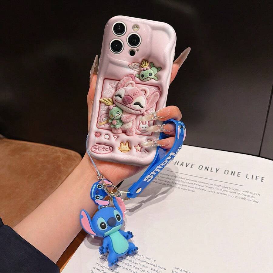 Disney Lilo And Stitch Phone Case : 3D Fluffy Pattern Border Protector Phone Soft Phone Case With A Free Cute Stitch Bracelet Chain Lanyard, Stitch, Lilo, Angel, For Apple 17 Promax 17 Pro 16 15 14 13 12 11 Pro Max XS Max X XR Soft Cover Summer Phone Case - White - View 1