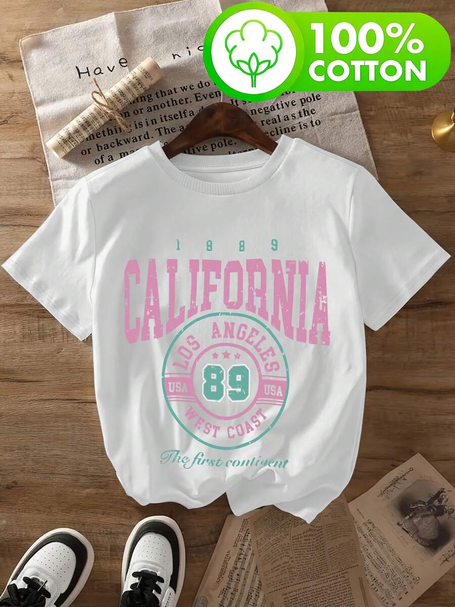 Camiseta de algodón 100% puro para mujer, con estampado de letras de California, estilo vintage urbano, unisex, holgada, de manga corta y cuello redondo, ideal para primavera/verano, uso casual para salidas, deportes y vacaciones, diseño suave y cómodo 80-A64-70918. blusas.blusas casuales para dama. - Blanco - Ver 1