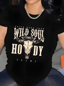 Camiseta de manga corta para mujer, con estampado de letras estilo vaquero "Howdy", combinación de cráneo de toro y elementos decorativos retro, diseño de letras góticas americanas, cuello redondo. - Negro - Ver 7