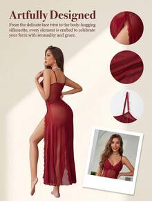 2-Piece Sexy Lingerie Sleepwear Set For Women – Includes Lace V-Neck Chemise Nightdress And Matching Panties, Sheer Mesh Nightwear With Side Split, Enhances Feminine Charm, Perfect For Daily Wear, Romantic Nights - Màu Đỏ Sâu - Xem 5