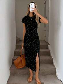 Vestido midi casual de mujer con estampado de lunares, cintura retorcida y abertura alta sin mangas; Vestido ajustado texturizado casual de mujer; Conjunto de fitness de mujer; Vestido de invitada de boda de mujer; Atuendo de oficina de mujer - Multicolor 9 - Ver 1