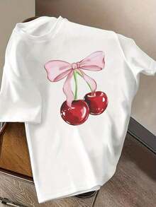 Women's Casual Cherry Print T-Shirt - Short Sleeve Blouse For Spring, Summer And Autumn, Casual Round Neck Top With Medium Stretch Fabric, Cherry Print And Bows (Not See-Through), Machine Washable Casual Wear For Brunch, Shopping, Office - 100% Cotton, Durable - 白色 - 查看 7