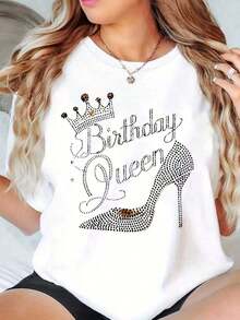 Fashion Printed T-Shirts For Women, Oversized Streetwear Tops, Comfortable And Stylish All-Match Summer Tees. Cotton Round Neck T-Shirt For Women With Rhinestone Birthday Queen Crown And Heel Print For Party Celebrations, 180g Soft - 白色 - 查看 5