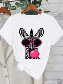 Camiseta de cuello redondo elástica con estampado de cebra de talla grande - Blanco - Ver 4