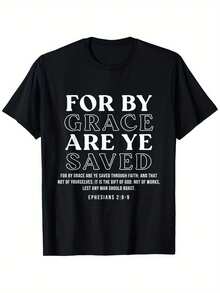 Christian T-Shirt "Saved By Grace" - Ephesians 28 Excerpts Black With White Lettering Comfortable Crew Neck Short Sleeve Casual Church And Everyday Faith Wear For Men And Women Machine Washable Neutral Fabric For Fitness, Training And Outdoor Activities Inspirational Design With Ephesians 28 Scripture Shipped From Local Warehouse Soft And Comfortable Enjoy A Discount Suitable For Easter, Halloween, Thanksgiving, Christmas And More - 黑色 - 查看 1