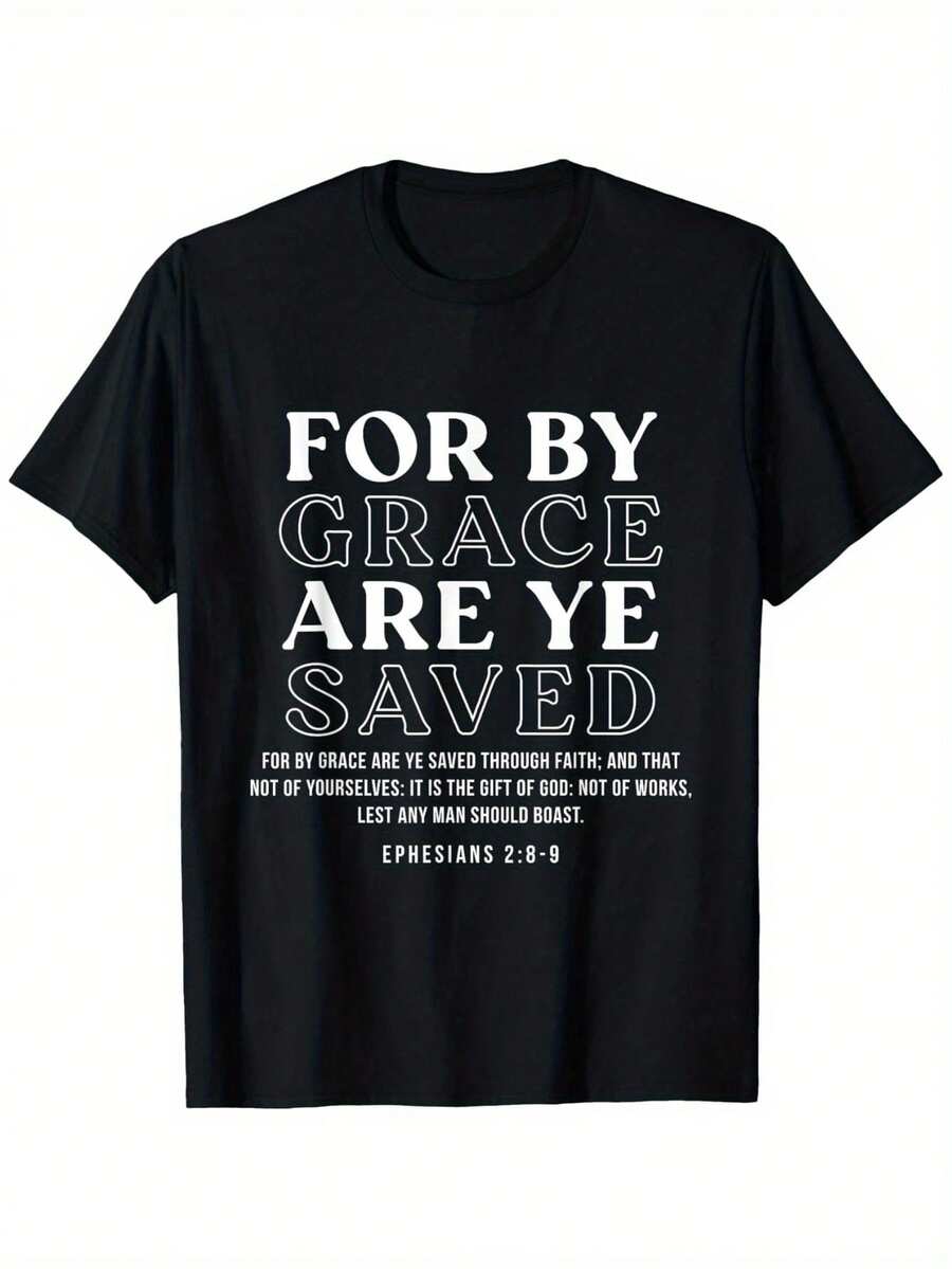 Christian T-Shirt "Saved By Grace" - Ephesians 28 Excerpts Black With White Lettering Comfortable Crew Neck Short Sleeve Casual Church And Everyday Faith Wear For Men And Women Machine Washable Neutral Fabric For Fitness, Training And Outdoor Activities Inspirational Design With Ephesians 28 Scripture Shipped From Local Warehouse Soft And Comfortable Enjoy A Discount Suitable For Easter, Halloween, Thanksgiving, Christmas And More - 黑色 - 查看 1