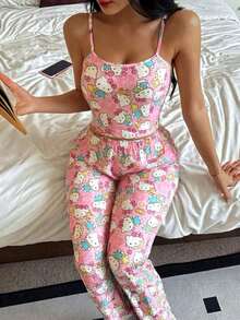 Bộ đồ ngủ nữ Hello Kitty 2 món gồm áo hai dây in họa tiết và quần ống đứng cạp chun dễ thương. - Hồng - Xem 2
