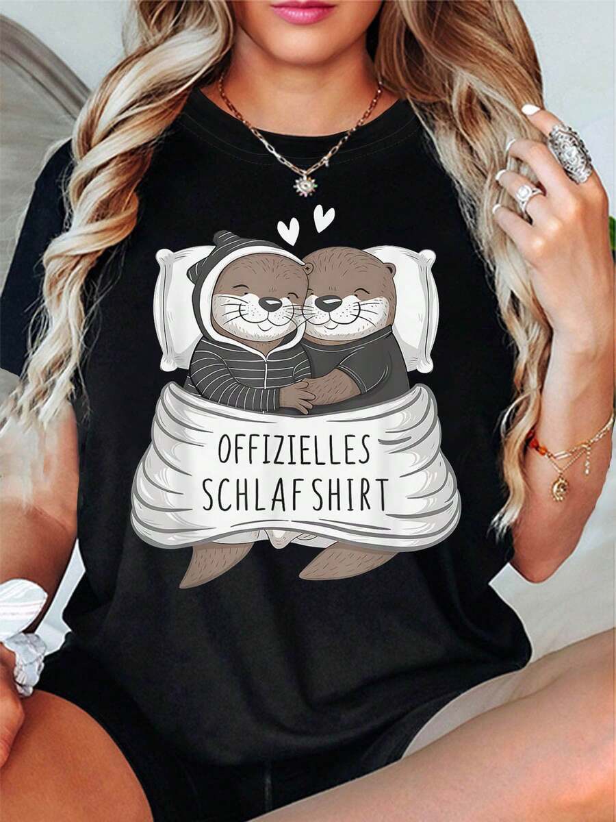 German Otter Official Sleep Women's T-Shirt With Graphic Print, Short Sleeve, Round Neck, Casual, For Spring-Summer, Daily Leisure, Holiday Gift, Daily Outings - 黑色 - 查看 1