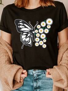 Butterfly Print T-Shirt 2026, Casual Short Sleeve Round Neck Top, Suitable For Summer And Spring, Women's Clothing T-Shirt. - 黑色 - 查看 2