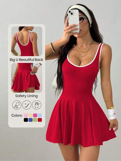 TCVC Vestido deportivo sin mangas con espalda abierta y bolsillo para mujer - Espalda cruzada de color sólido, vestido de tenis de cuello cuadrado, para deportes interiores y exteriores, yoga - Tela transpirable, con forma ajustada para el verano