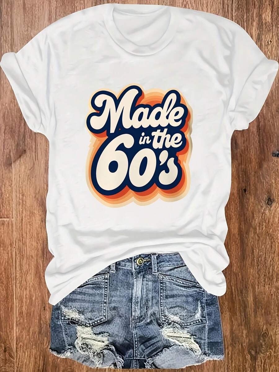 Fabricada en la década de 1960, camiseta de mujer de cuello redondo, cómoda y suave. - Blanco - Ver 1