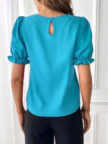 Blusa con mangas abullonadas, blusas de manga corta - Azul - Ver 2