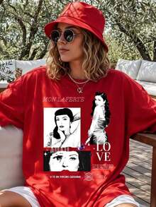 Premium Mon Laferte Si Tú Me Quisieras Vintage Collage T-Shirt - Latin Music Fan Graphic Tee. Women's Fashionable Casual T-Shirt With Creative Print, Short Sleeve, Round Neck, For Spring And Summer. Festive Celebration Shirt, Party Wear Top, - 紅色 - 查看 1