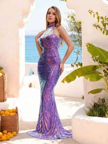Romagic Women's Sequin Maxi Dress, Sleeveless Stand Collar Fitted Long Gown For Party & Evening - Purple - View 6