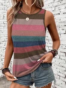 Camiseta de tirantes holgada de verano para mujer, estampado de patrón de correa de mezclilla, elegante y versátil, apta para uso casual, vacaciones y paseos, con un estilo minimalista y retro - Multicolor 9 - Ver 5