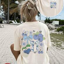 [Double-Sided Print] Women's Spring And Summer Top, Beach Fashion, Cool Style, Blueberry Print, Bow, Flowers And Hearts, Casual Short Sleeve Round Neck T-Shirt - 黑色 - 查看 7