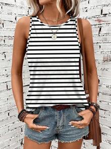 Camiseta de tirantes holgada de verano para mujer, estampado de patrón de correa de mezclilla, elegante y versátil, apta para uso casual, vacaciones y paseos, con un estilo minimalista y retro - Multicolor 16 - Ver 2