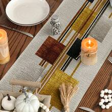 1pc Geometric Striped Plaid Print Table Runner, Modern Abstract Style Suitable For All Seasons, Artistic Linear Print Polyester Tablecloth, Long Stripe Pattern Home Decor, Creative Decoration For Festivals And Gatherings - Beige - View 5