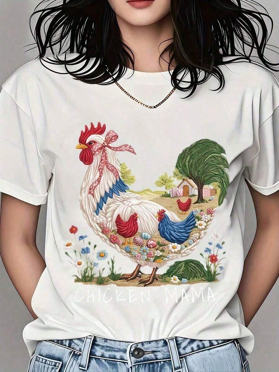 Fashion Printed T-Shirts For Women, Oversized Streetwear Tops, Comfortable And Stylish All-Match Summer Tees. Cotton T-Shirt With Chicken Farm Scene Print For Women - Cute Go And Gina Garden Design, Casual Summer Floral Pattern, Suitable For Daily Wear, Birthdays, Mother's Day, Or Farmers Market Outfits. 180g Soft - 白色 - 查看 1
