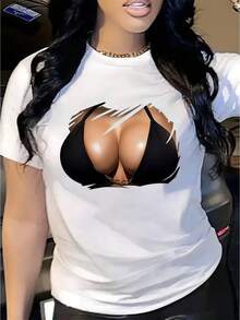 Camiseta gráfica de manga corta para mujer, con un llamativo estampado geométrico en el pecho - Camiseta blanca de cuello redondo, lavable a máquina, adecuada para hermanas o esposas, camiseta de mujer con un estilo moderno, tela duradera, adecuada para todas las estaciones, ideal para Navidad, Pascua, Halloween, Acción de Gracias, etc. Camiseta de algodón. - Blanco - Ver 9