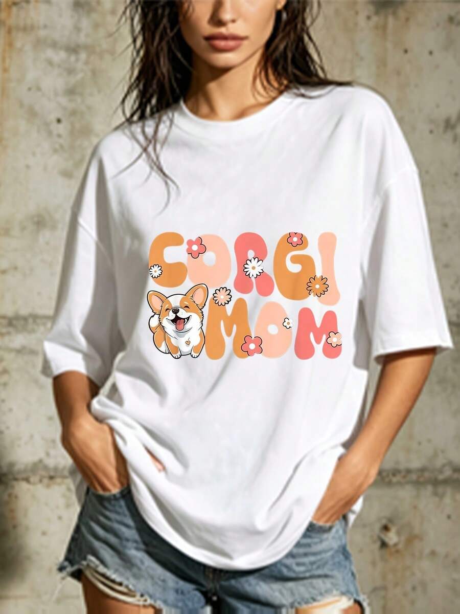 Corgi Mom Print T-Shirt - Fun, Comfortable, Fashionable - Perfect Gift For Dog Lovers, Lightweight 180G Women's T-Shirt, Ideal For Summer Holidays And Family Gatherings GDJ1 - 白色 - 查看 1